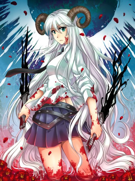 Anime picture 2250x3000 with original arseniquez single long hair tall image highres green eyes white hair horn (horns) girl skirt flower (flowers) weapon petals necktie blood dagger