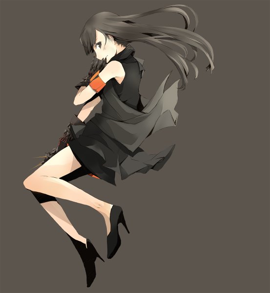 Anime picture 1106x1200 with perfume (group) ayaka ishiwaki (a-chan) yoshito (u10) single long hair tall image simple background brown hair bare shoulders brown eyes profile jumping girl dress gloves