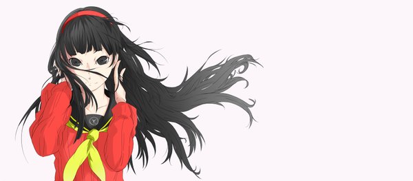 Anime picture 1822x800 with persona 4 persona amagi yukiko s040784 (artist) long hair highres black hair simple background wide image white background black eyes girl uniform school uniform hairband sweater