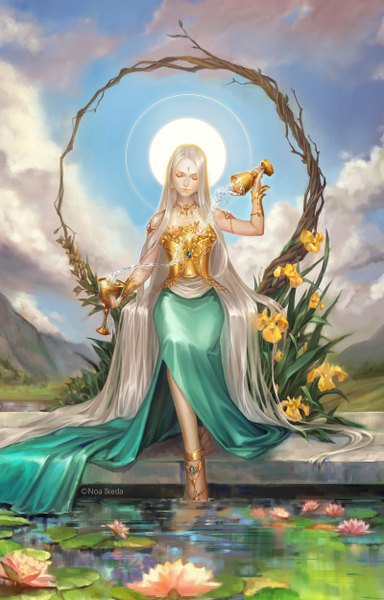 Anime picture 800x1250 with original noa ikeda single tall image sky silver hair cloud (clouds) eyes closed very long hair girl dress flower (flowers) earrings water lily (flower) chalice