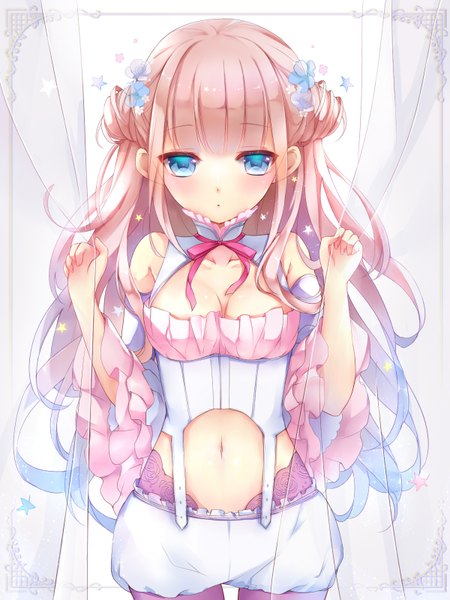 Anime picture 1200x1600 with original 041 single long hair tall image looking at viewer blush breasts blue eyes light erotic pink hair midriff girl navel
