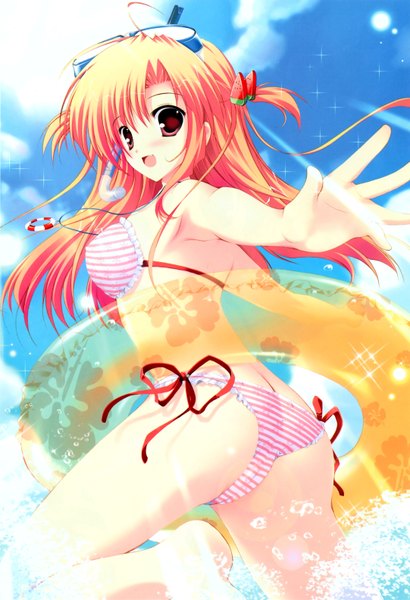 Anime picture 4326x6333 with mikeou single long hair tall image blush highres open mouth light erotic red eyes absurdres sky cloud (clouds) looking back orange hair teeth fang (fangs) two side up girl hair ornament swimsuit