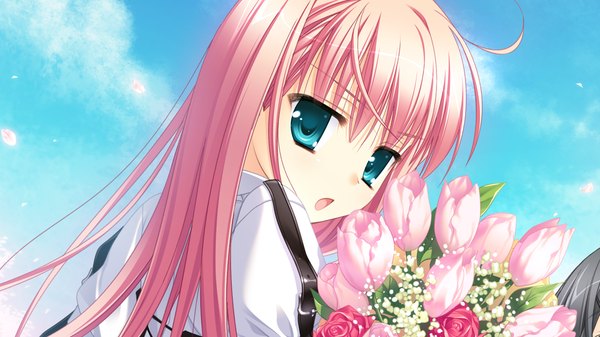 Аниме картинка 1280x720 с hatsuyuki sakura azuma yoru toranosuke длинные волосы открытый рот голубые глаза широкое изображение розовые волосы game cg девушка цветок (цветы)