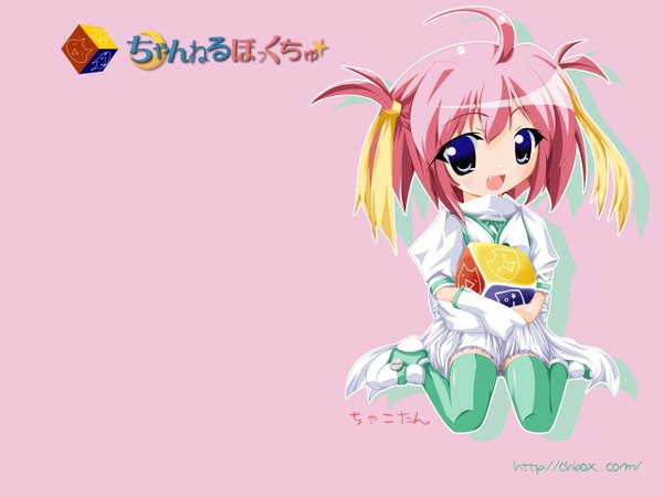 Anime picture 1280x960 with tagme (copyright) tagme (artist) single fringe short hair open mouth blue eyes sitting holding pink hair full body ahoge wariza happy pink background outline girl thighhighs dress gloves