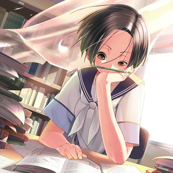 Anime picture 1000x1000 with love plus kobayakawa rinko makokujira (artist) blush short hair black hair brown eyes girl serafuku book (books) shelf bookshelf pen