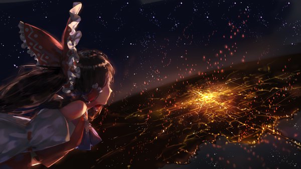 Anime picture 1920x1080 with touhou hakurei reimu chun lanlanlan single long hair highres brown hair wide image sky traditional clothes japanese clothes night night sky city cityscape miko city lights girl bow hair bow