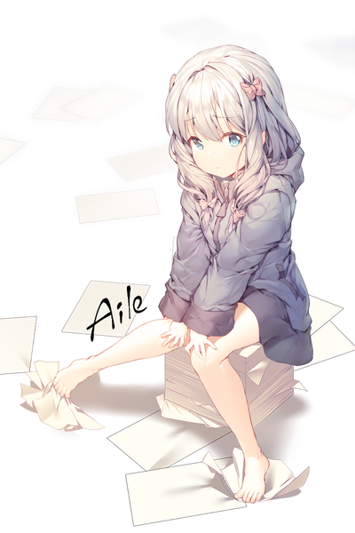 Anime picture 666x999 with eromanga sensei rockman a-1 pictures izumi sagiri aile (crossroads) single long hair tall image looking at viewer fringe blue eyes sitting signed silver hair full body long sleeves barefoot bare legs knees together feet apart girl