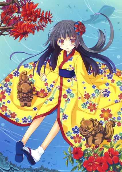 Anime picture 2339x3300 with original eshi 100-nin ten nanao naru single long hair tall image looking at viewer blush highres black hair sitting brown eyes traditional clothes japanese clothes scan floral print underwater girl hair ornament flower (flowers)