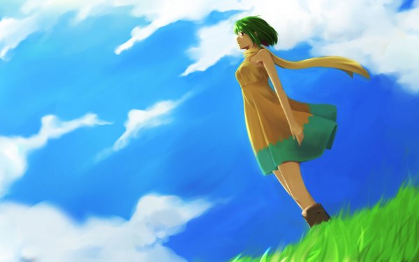 Anime picture 1680x1050 with macross macross frontier ranka lee reirei single highres short hair smile red eyes wide image standing bare shoulders looking away sky cloud (clouds) full body outdoors green hair wind dutch angle