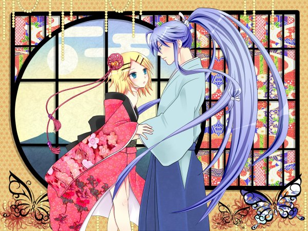 Anime picture 1200x900 with vocaloid kagamine rin kamui gakupo tagme (artist) long hair short hair blue eyes blonde hair bare shoulders purple hair ponytail traditional clothes japanese clothes couple girl boy hair ornament bobby pin