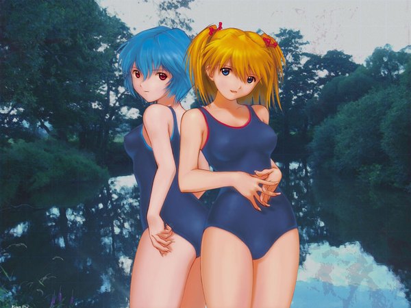 Anime picture 1600x1200 with neon genesis evangelion gainax soryu asuka langley ayanami rei kobayashi yuji swimsuit
