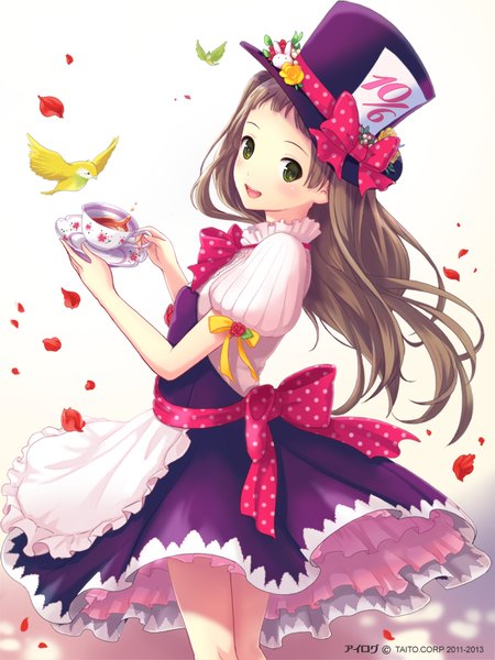Anime picture 640x853 with ilog amakusa rin occhan single long hair tall image looking at viewer blush open mouth brown hair standing holding green eyes polka dot girl bow animal petals frills bird (birds)