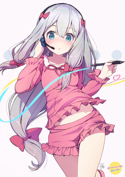 Anime picture 774x1095 with eromanga sensei a-1 pictures izumi sagiri azumi akitake single long hair tall image looking at viewer blush fringe blue eyes simple background hair between eyes white background holding signed silver hair parted lips copyright name walking