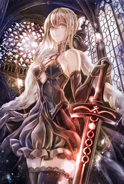 Anime picture 1000x1476 with fate (series) fate/grand order fate/stay night artoria pendragon (all) saber alter jan (lightdragoon) single long hair tall image fringe breasts blonde hair hair between eyes standing bare shoulders yellow eyes looking away indoors parted lips sunlight
