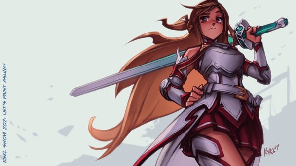Anime picture 1920x1080 with sword art online a-1 pictures yuuki asuna knockwurst single long hair looking at viewer fringe highres brown hair wide image brown eyes fingernails wind from below hand on hip eyebrows girl weapon detached sleeves