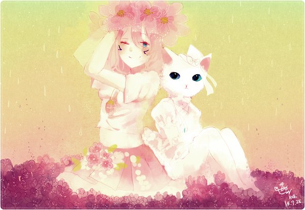 Anime picture 1280x882 with original hzrn (ymj924) looking at viewer blue eyes smile sitting pink hair hair flower back to back girl dress hair ornament flower (flowers) ribbon (ribbons) animal white dress cat