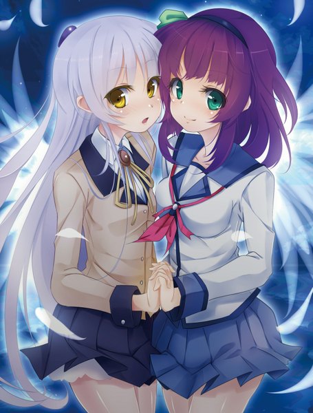 Anime picture 1137x1500 with angel beats! key (studio) tachibana kanade nakamura yuri kisaichi jin long hair tall image short hair open mouth smile brown hair multiple girls green eyes yellow eyes white hair holding hands girl uniform 2 girls school uniform