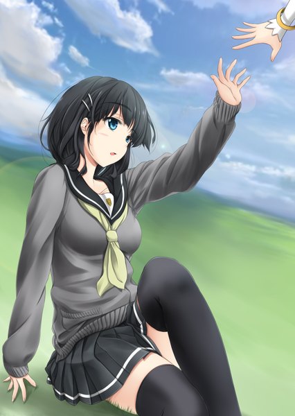 Anime picture 1200x1689 with sword art online a-1 pictures kirigaya suguha wingheart fuuma nagi single tall image short hair blue eyes black hair cloud (clouds) girl thighhighs skirt uniform black thighhighs school uniform miniskirt sweater