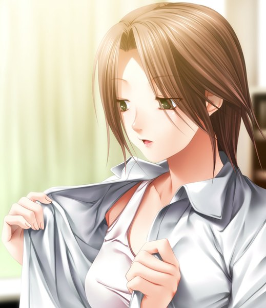 Anime picture 865x1000 with original rezi single tall image short hair open mouth brown hair green eyes looking away girl shirt