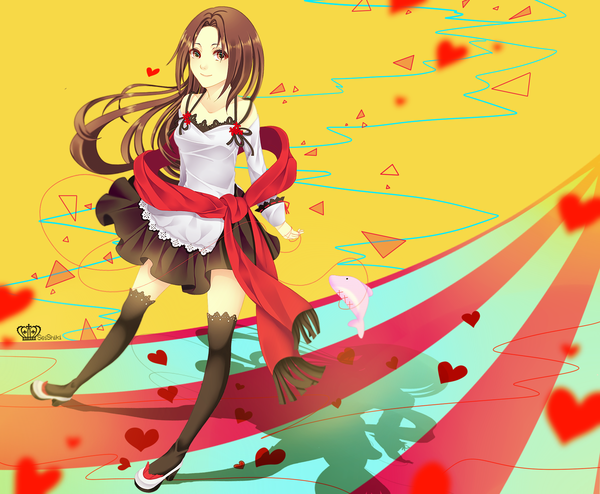 Anime picture 1700x1400 with original seishiki (artist) single long hair looking at viewer smile brown hair brown eyes barefoot inscription shadow girl thighhighs skirt black thighhighs heart scarf fish (fishes)