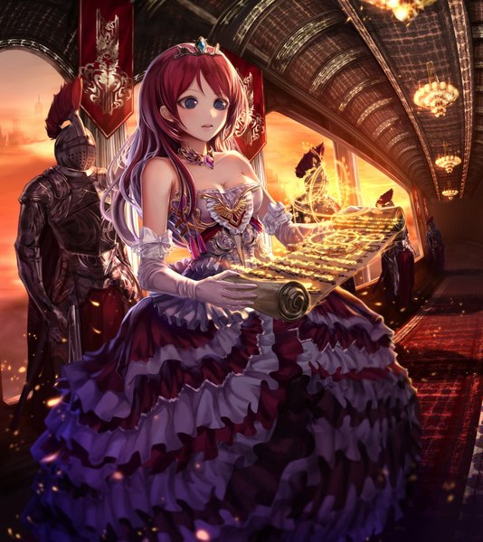 Anime picture 960x1078 with original jname single long hair tall image blue eyes bare shoulders red hair magic light fog girl dress gloves elbow gloves frills white gloves armor jewelry tiara