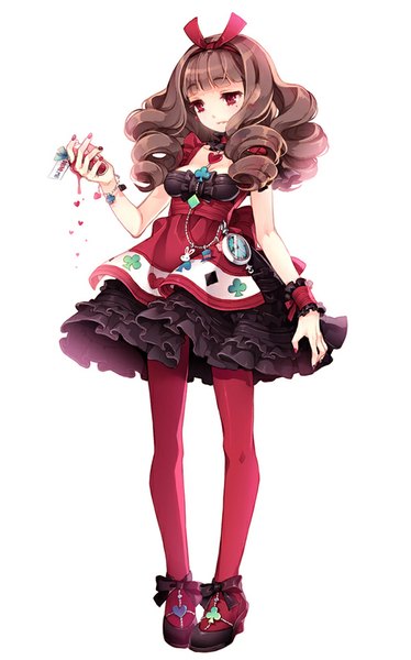 Anime picture 600x962 with original tearfish single long hair tall image fringe breasts simple background red eyes brown hair white background full body nail polish fingernails mole mole under eye drill hair girl dress earrings