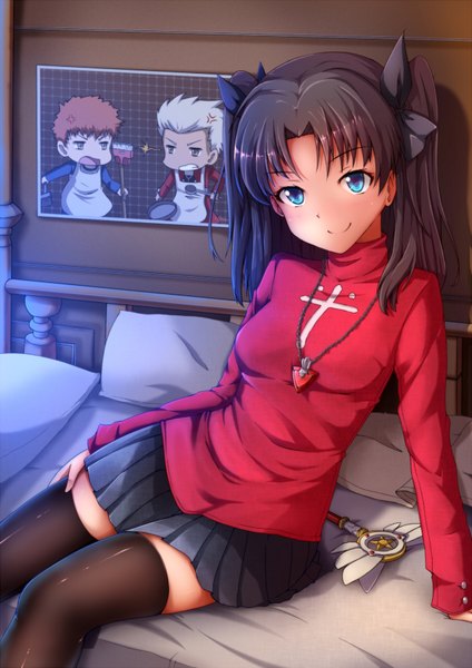 Anime picture 1272x1800 with fate (series) fate/stay night type-moon toosaka rin archer (fate) emiya shirou kaiyi single long hair tall image looking at viewer blush blue eyes smile brown hair sitting twintails zettai ryouiki chibi girl