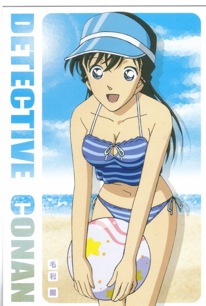 Anime picture 2352x3488 with detective conan mouri ran single long hair tall image looking at viewer highres open mouth black hair purple eyes sky cloud (clouds) scan official art shadow girl swimsuit bikini ball flat cap