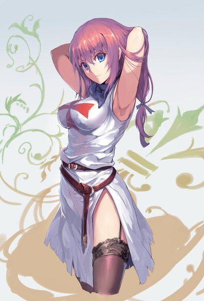 Anime picture 803x1181 with original nightmaremk2 single long hair tall image looking at viewer fringe breasts blue eyes smile brown hair large breasts standing armpit (armpits) adjusting hair girl thighhighs dress black thighhighs white dress