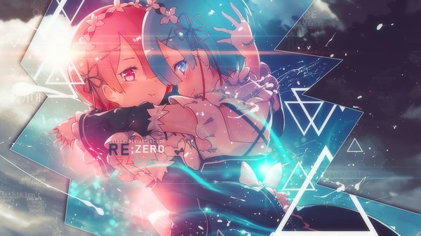 Anime picture 1920x1080 with re:zero kara hajimeru isekai seikatsu white fox rem (re:zero) ram (re:zero) ayakashi (monkeypanch) say0chi looking at viewer blush fringe highres short hair blue eyes smile wide image multiple girls blue hair pink hair profile pink eyes hair over one eye