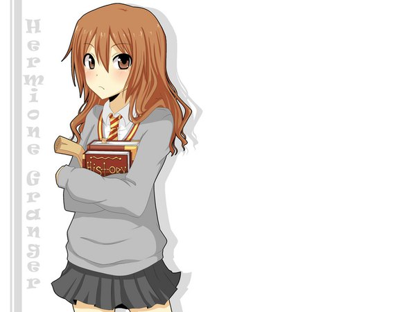 Anime picture 1024x768 with harry potter hermione granger single long hair looking at viewer blush simple background brown hair white background brown eyes inscription girl skirt uniform school uniform necktie book (books) sweater