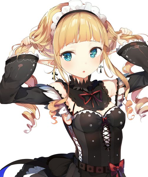 Anime picture 1713x2048 with original umibouzu (niito) single long hair tall image looking at viewer blush fringe highres breasts open mouth simple background blonde hair upper body parted lips aqua eyes pointy ears maid drill hair striped
