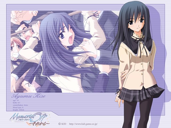 Anime picture 1024x768 with memories off long hair looking at viewer black hair smile pleated skirt girl skirt uniform school uniform pantyhose