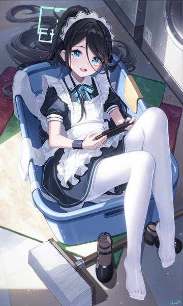 Anime picture 2000x3333 with blue archive nintendo aris (blue archive) aris (maid) (blue archive) dango remi single tall image looking at viewer fringe highres open mouth blue eyes black hair hair between eyes ponytail very long hair :d from above maid official alternate costume