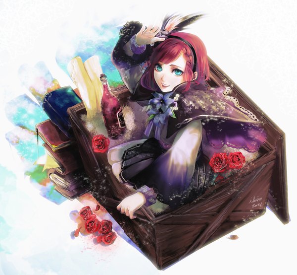 Anime picture 1700x1571 with sengoku musou hosokawa gracia ihiro single looking at viewer open mouth smile sitting red hair aqua eyes single braid girl hair ornament flower (flowers) petals rose (roses) book (books) bottle