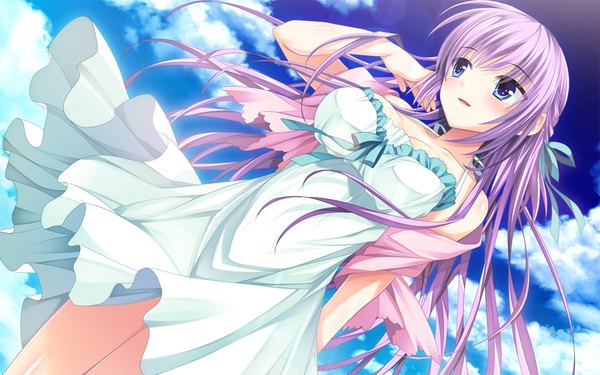 Anime picture 1054x659 with scramble lovers aoi yui ariko youichi single long hair blush breasts open mouth blue eyes smile large breasts bare shoulders looking away game cg sky cleavage purple hair cloud (clouds) adjusting hair arm behind back