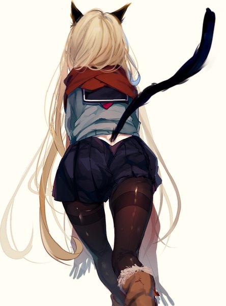 Anime picture 995x1343 with original renkarua single tall image light erotic simple background blonde hair white background animal ears bent knee (knees) ass tail very long hair animal tail pleated skirt from behind cat ears cat tail back girl