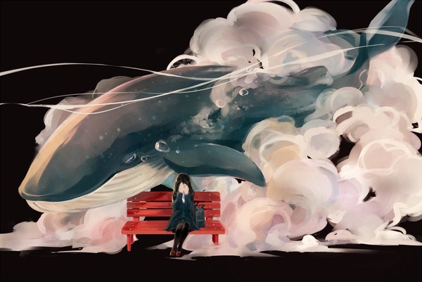 Anime picture 1030x690 with original zakka single long hair black hair sitting girl animal shoes bubble (bubbles) bench whale