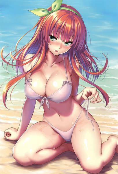 Anime picture 2379x3500 with melonbooks piromizu single long hair tall image looking at viewer blush fringe highres breasts open mouth light erotic large breasts sitting green eyes cleavage outdoors red hair arm support wet