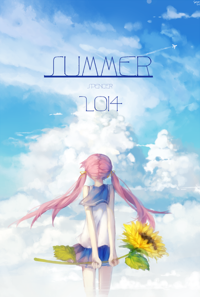 Anime picture 768x1136 with original spencer sais single long hair tall image twintails holding pink hair sky cloud (clouds) pleated skirt from behind back hands behind back summer girl skirt uniform flower (flowers) ribbon (ribbons)