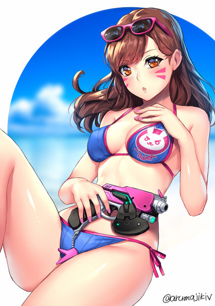 Anime picture 565x800 with overwatch blizzard entertainment d.va (overwatch) aruma jiki single long hair tall image looking at viewer breasts light erotic brown hair bare shoulders brown eyes signed sky bent knee (knees) nail polish :o twitter username facial mark