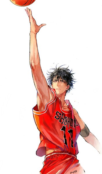 Anime picture 600x1020 with slam dunk (series) rukawa kaede funpjinju single tall image short hair black hair simple background white background signed black eyes sweat looking up jumping basketball boy uniform gym uniform ball basketball ball