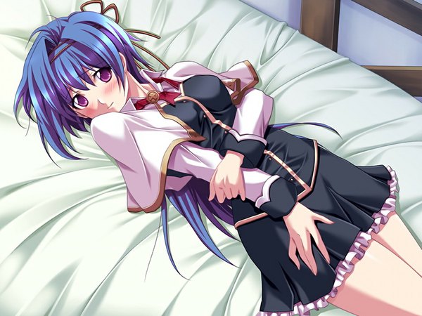 Anime picture 1024x768 with puri saga! fay christophe blue hair game cg pink eyes girl bed