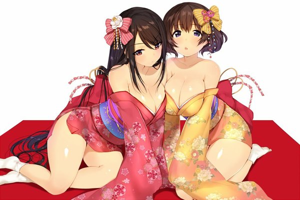 Anime picture 950x632 with original matarou (genkai toppa) long hair looking at viewer short hair breasts blue eyes light erotic black hair large breasts white background multiple girls brown eyes cleavage traditional clothes japanese clothes girl hair ornament bow 2 girls