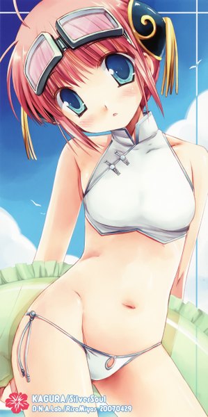 Anime picture 1354x2711 with gintama sunrise (studio) kagura (gintama) single tall image short hair blue eyes light erotic pink hair red hair midriff girl navel glasses swim ring