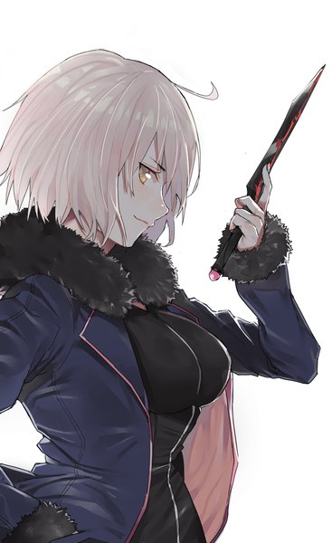 Anime picture 1200x1960 with fate (series) fate/grand order fate/apocrypha jeanne d'arc (fate) (all) jeanne d'arc alter (fate) pinch (nesume) single tall image looking at viewer short hair breasts simple background smile large breasts white background yellow eyes upper body ahoge white hair profile