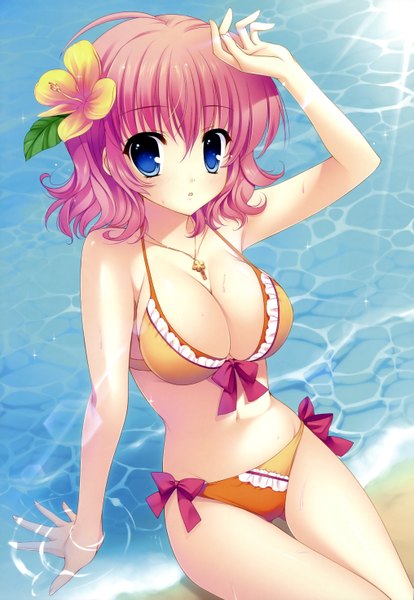 Anime picture 4059x5876 with yuyukana himezono risa mitha single tall image highres short hair breasts blue eyes light erotic large breasts pink hair absurdres hair flower girl hair ornament swimsuit bikini water