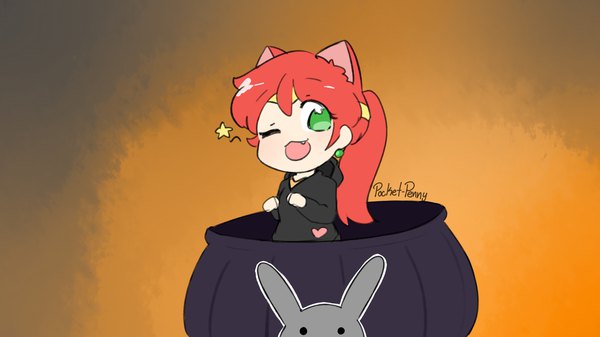 Anime picture 1920x1080 with rwby rooster teeth pyrrha nikos pocket penny single long hair looking at viewer highres open mouth simple background wide image green eyes signed animal ears ponytail red hair cat ears wallpaper ;d paw pose