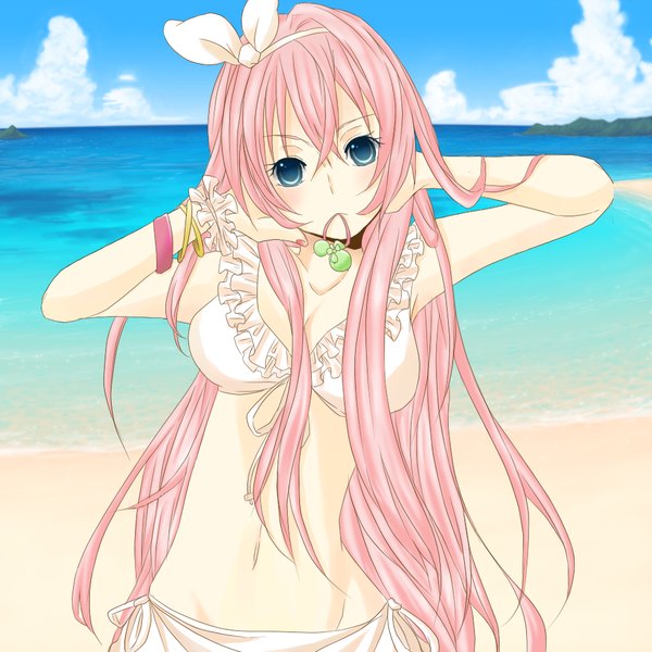 Anime picture 1000x1000 with vocaloid megurine luka hinaka 8910 single long hair looking at viewer blue eyes pink hair nail polish beach mouth hold pink nail polish hair tie in mouth girl navel swimsuit bikini white bikini hair tie