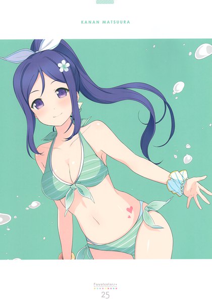 Anime picture 2389x3416 with love live! sunshine!! sunrise (studio) love live! matsuura kanan 6u (eternal land) single long hair tall image looking at viewer blush highres breasts light erotic purple eyes payot blue hair ponytail hair flower light smile character names